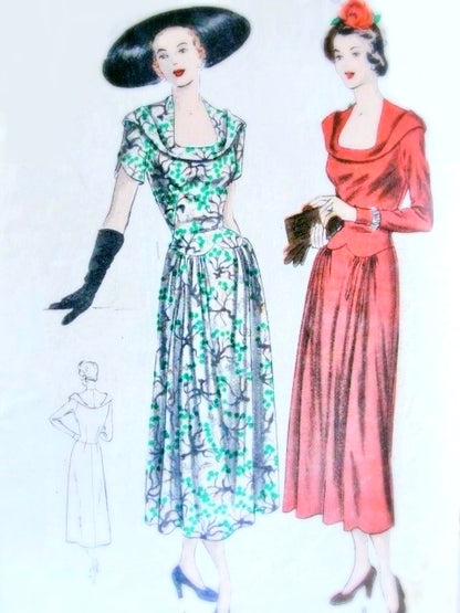 1940s Beautiful dress pattern Vogue 6396 vintage sewing Pattern Wide Bias Collar, Deep Shaped Neckline Stunning Design Summer or Evening Cocktail Dress Bust 32P