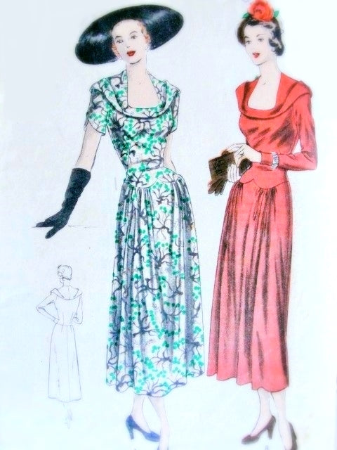 1940s Beautiful dress pattern Vogue 6396 vintage sewing Pattern Wide Bias Collar, Deep Shaped Neckline Stunning Design Summer or Evening Cocktail Dress Bust 32P
