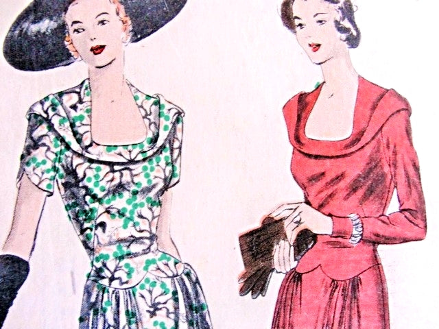 1940s Beautiful dress pattern Vogue 6396 vintage sewing Pattern Wide Bias Collar, Deep Shaped Neckline Stunning Design Summer or Evening Cocktail Dress Bust 32P