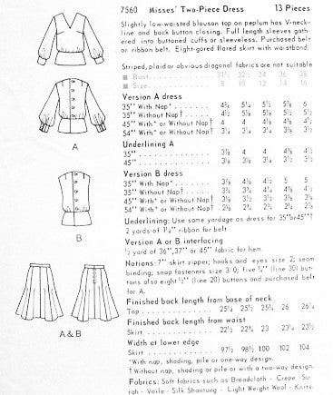 1960s Mod Two Pc Dress Pattern Vogue 7560 Flippy Flared Skirt Peplum Blouson Overblouse V Neckline Vintage Sewing Pattern
