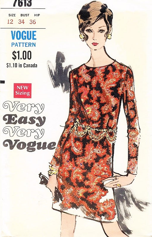 1960s Easy To Sew MOD Dress Pattern Very Easy Very VOGUE 7613 Slim Dress With Oval Neckline Perfect Day or After 5 Dress Bust 34 Vintage Sewing Pattern