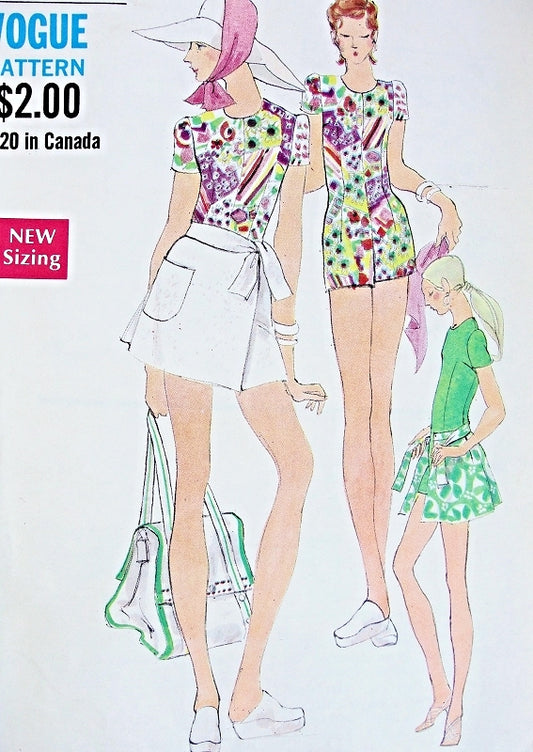 FABULOUS 1970s Vogue 7773  Mod Jumpsuit Playsuit Romper and Mini Wrap Skirt Beach Wear Pattern Bust 32 Vintage Sewing Pattern