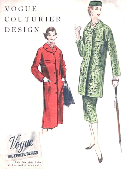 1950s Chic  Slim Coat and Skirt Pattern VOGUE COUTURIER DESIGN 867 Straight Coat In 2 Lengths Slim Skirt Back Vent Bust 32 or 34 Vintage Sewing Pattern