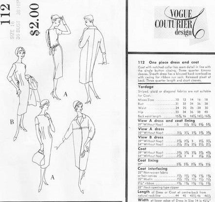 50s STUNNING Slim Dress and Coat Pattern VOGUE COUTURIER Design 112 Striking Bloused Back Sheath Kimono Sleeve Coat Bust 32 Vintage Sewing Pattern