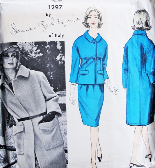 1960s Galitzine Designer Classy Coat and Suit Pattern Vogue Couturier Design 1297 Vintage Sewing Pattern Slim Suit Straight Coat Bust 31