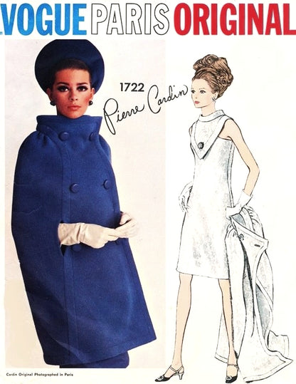 1960s Stunning PIERRE CARDIN Cocktail Party Dress and Cape Coat Pattern VOGUE PARIS Original 1722 Unique V Shape Plastron With Standing Collar Mod Dress Bust 31 Vintage Sewing Pattern Factory Folded