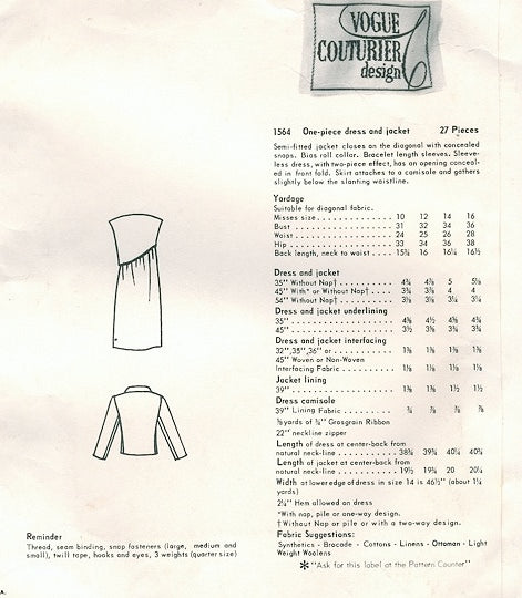 1960s STRIKING Dress and Jacket Pattern VOGUE COUTURIER DESIGN 1564 GALITIZINE Diagonal Side Closing Jacket Day or Cocktail Evening  Bust 31 Vintage Sewing Pattern FACTORY FOLDED