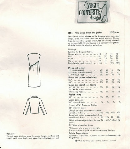 1960s STRIKING Dress and Jacket Pattern VOGUE COUTURIER DESIGN 1564 GALITIZINE Diagonal Side Closing Jacket Day or Cocktail Evening  Bust 31 Vintage Sewing Pattern FACTORY FOLDED