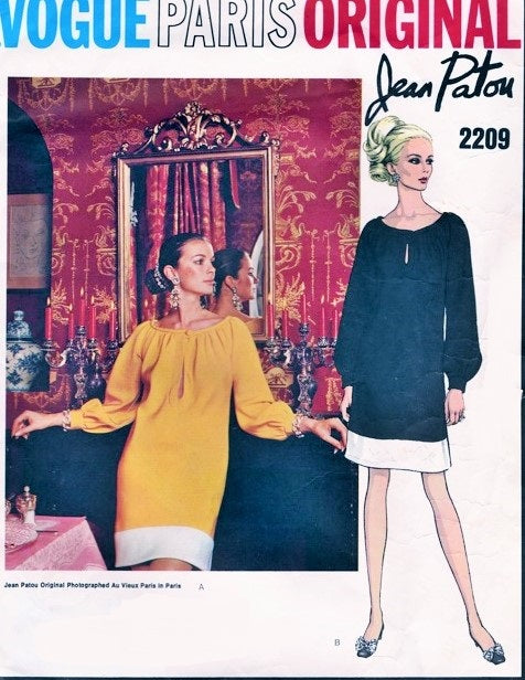 1960s RARE Patou Evening Dress Pattern VOGUE Paris Original 2209 Slim Bias Cocktail Dress Low Banded KEYHOLE Neckline Raglan Sleeves Mondrian Influence Bust 34 Vintage Sewing Pattern