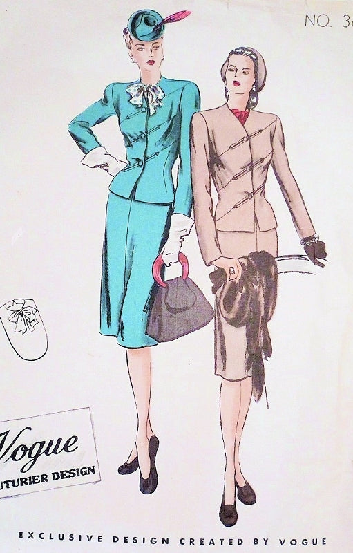 1940s Beautiful Suit and Dickey Pattern Vogue Couturier Design 363 Striking Diagonal Seams Jacket, Slim Skirt, Bow Dickey Bust 30 Vintage Sewing Pattern