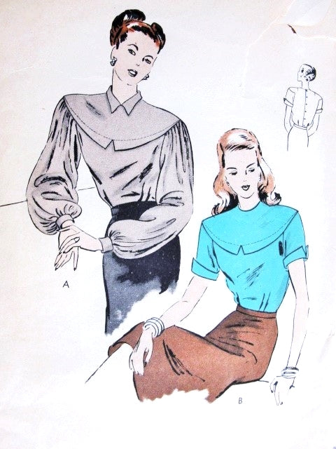 1940s BEAUTIFUL Blouse Pattern VOGUE 5665 Lovely Deep Dropped Shoulder Yoke,Full Bishop Sleeves or Short Turned Back Cuffs Bust 30 Vintage Sewing Pattern