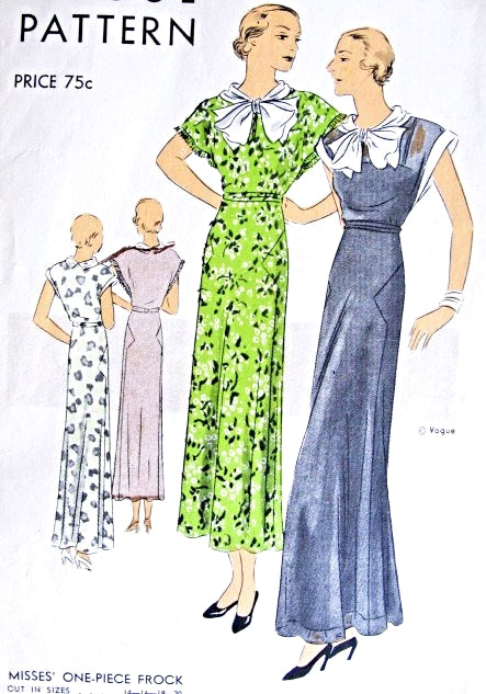 1930s Beautiful Evening Party Dress Frock Pattern Vogue 6289 Tea or Formal Full Length Large Pussy Bow Neckline Perfect For Sheer Fabrics Bust 36 Vintage Sewing Pattern