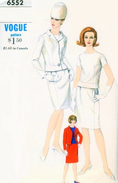 1960s MOD 3 Pc Slim Skirt Suit Pattern VOGUE 6552 Button Back Overblouse Sleek London Sixties Style Bust 34 Vintage Sewing Pattern FACTORY FOLDED