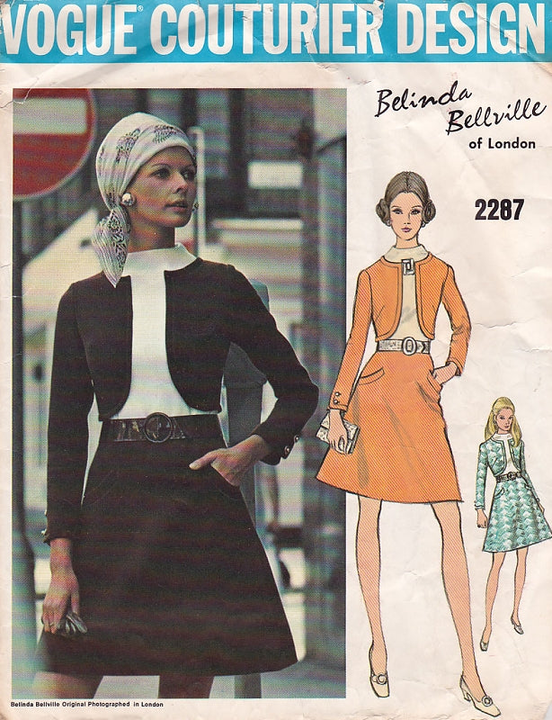 Late 60s Belinda Bellville Dress Pattern Vogue Couturier Design 2287 Semi Fitted  A Line dress With Mock Jacket Bust 32.5 Vintage Sewing Pattern