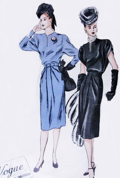 1940s Film Noir Style Slim Dress Pattern Vogue Couturier Design 245 Elegant Slim Dress Slashed Neckline Flattering Hip Pleats Draped Arms Daytime or Evening  Bust 30 Vintage Sewing Pattern