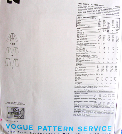 1970s FABULOUS  2 Pc Dress Pattern VOGUE Couturier Design 2435 Galitzine of Italy, Bust 32 Vintage Sewing Pattern