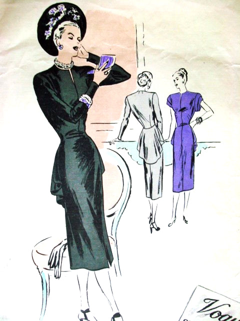 1940s GORGEOUS Film Noir Dress Pattern VOGUE COUTURIER DESIGN 326 Slim Dress with Cascade Drape Tunic Peplum Bust 32 Vintage Sewing Pattern