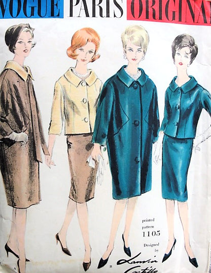 1960s CLASSY Lanvin-Castillo Slim Skirt Suit and Coat Pattern VOGUE PARIS Original 1105 Daytime Slim Suit or Evening, Beautiful Coat Design Bust 32 Vintage Sewing Pattern