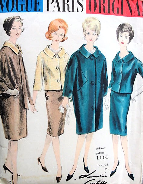 1960s CLASSY Lanvin-Castillo Slim Skirt Suit and Coat Pattern VOGUE PARIS Original 1105 Daytime Slim Suit or Evening, Beautiful Coat Design Bust 32 Vintage Sewing Pattern