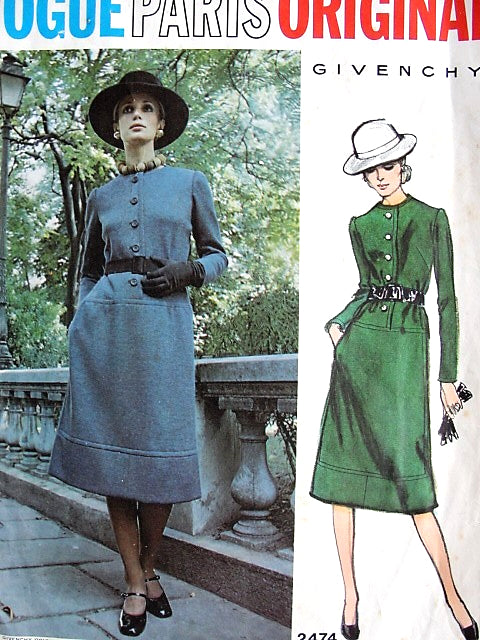 1970s Classy GIVENCHY Dress Pattern VOGUE Paris Original 2474 MIDI length Jewel Neckline Daytime or After 5 Elegant Dress  Bust 34 Vintage Sewing Pattern