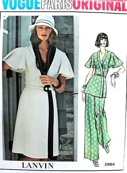 1970s CLASSY Lanvin Wrap Dress, Tunic and Pants pattern VOGUE Paris Original 2864 Day or Evening, Bust 38 Vintage Sewing Pattern FACTORY FOLDED