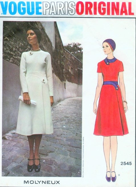 1970s Molyneux Dress Pattern Vogue Paris Original 2545 Lovely  Regular or Midi Length Jewel Neckline Dress Vintage Sewing Pattern