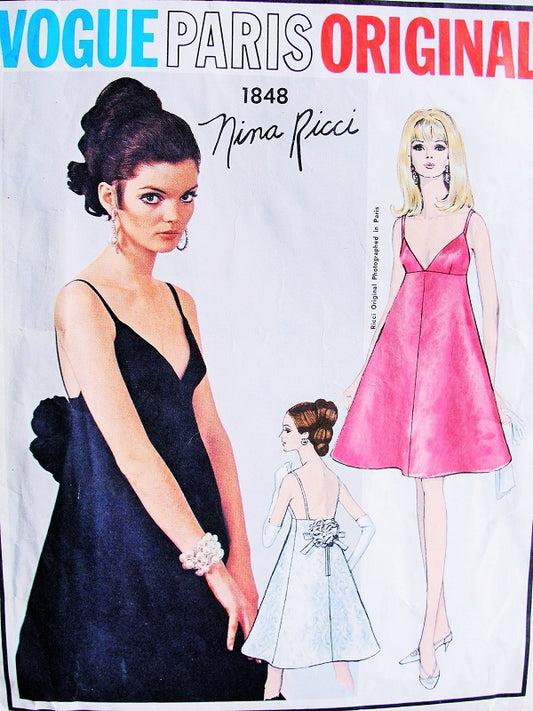 1960s STRIKING Nina Ricci Cocktail Evening Party Dress Pattern Vogue Paris Original 1848 Deep Low V Neckline Low Open Back Flared Empire Dress  Bust 31 Vintage Sewing Pattern