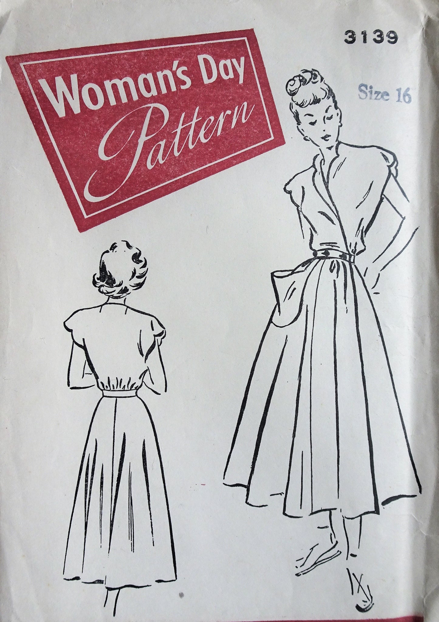 Late 1940s FABULOUS Full Skirted Wrap Dress Pattern WOMANS DAY 3139 Surplice Bodice, Large Pocket, Front wrap Dress, Bust  34 Vintage Sewing Pattern FF