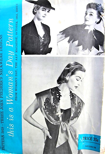 1950s JOHN FREDERICS Designer Accessories Pattern WOMANS DAY 5019 Appliques Cape Stole, Yoked Dickey or Evening Halter Top, Pointed Collar Capelet Size Medium Vintage Sewing Pattern FACTORY FOLDED + John Frederics Label