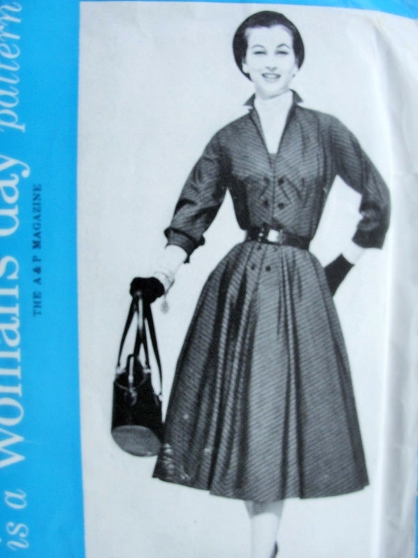 1950s Lovely Shirtwaist Dress Pattern Womans Day 5085 Day or Evening Dress Flattering Full Skirt  Bust 30 Vintage Sewing Pattern FACTORY FOLDED